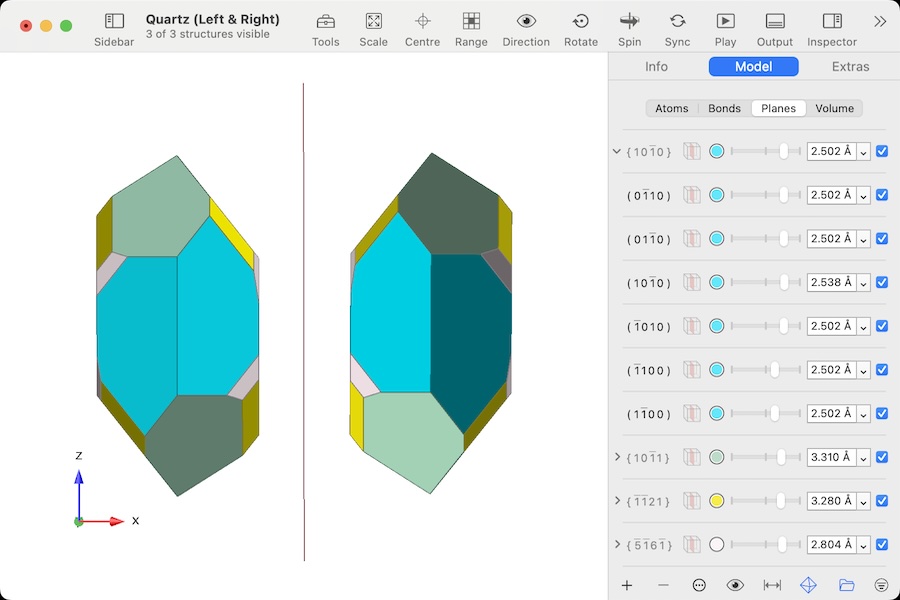 CrystalMaker Interface showing chiral quartz crystals and the new Planes Inspector with symmetry-related planes