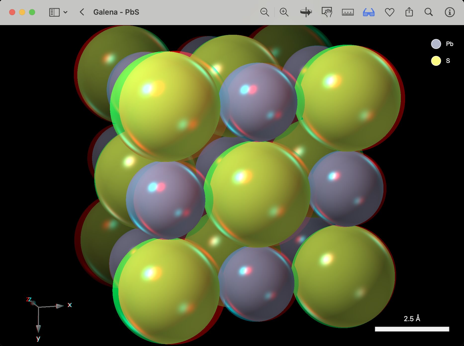 Red-Blue stereo image showing a space-filling model of Galena, PbS