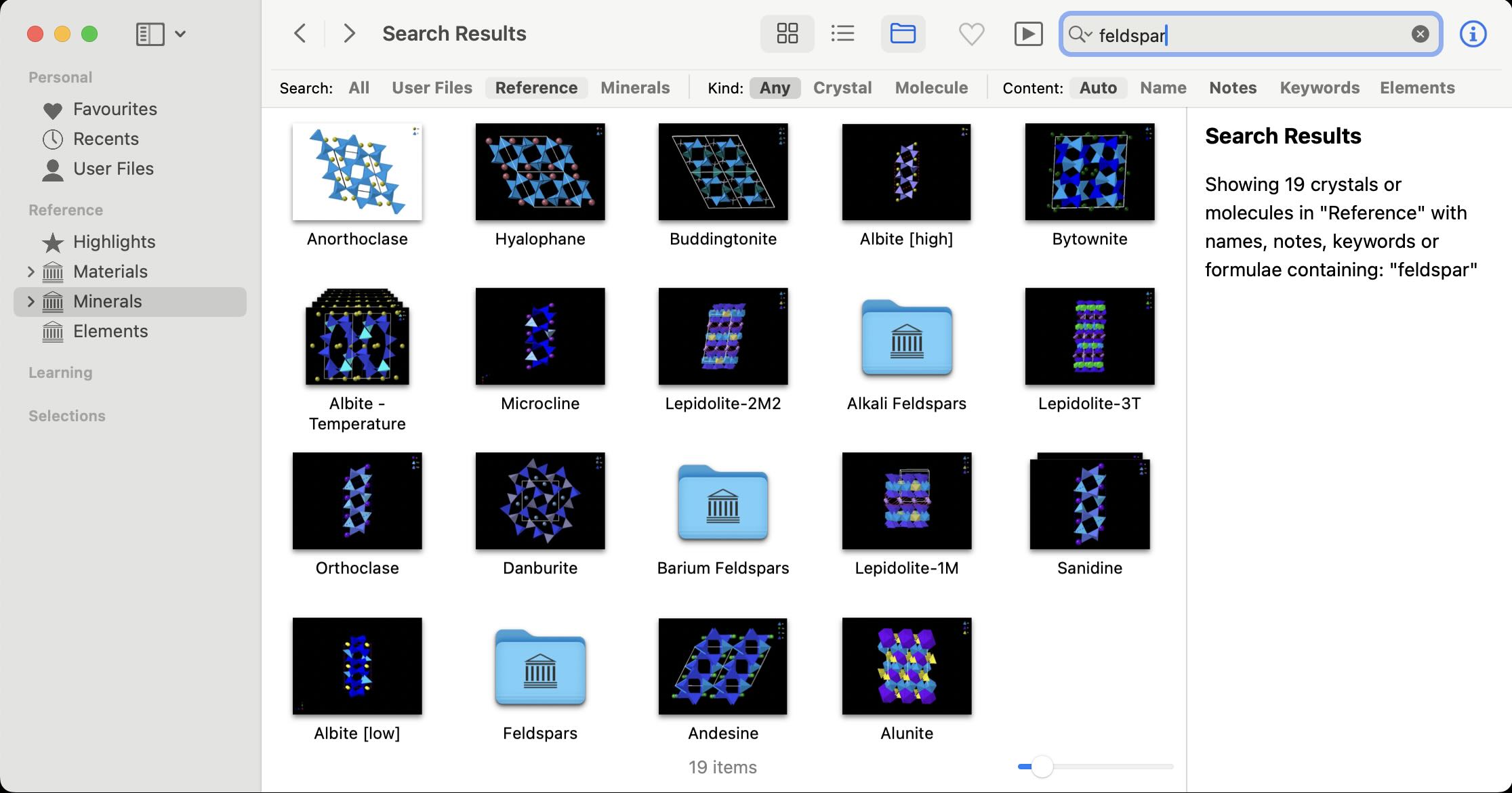 Using the smart search command to find feldspar-related structures