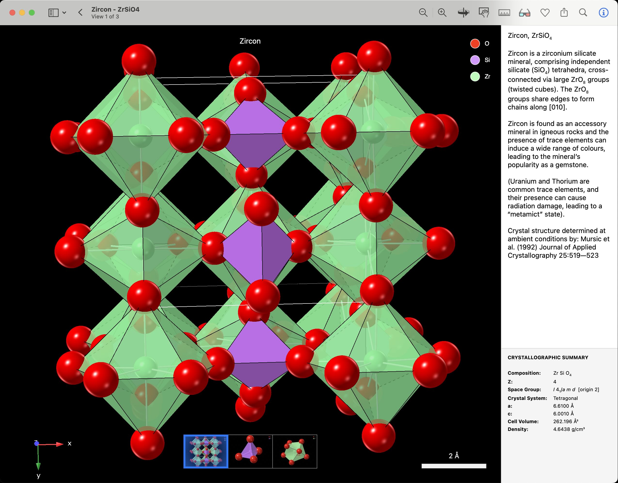 Crystal structure of zircon, with view thumbnails